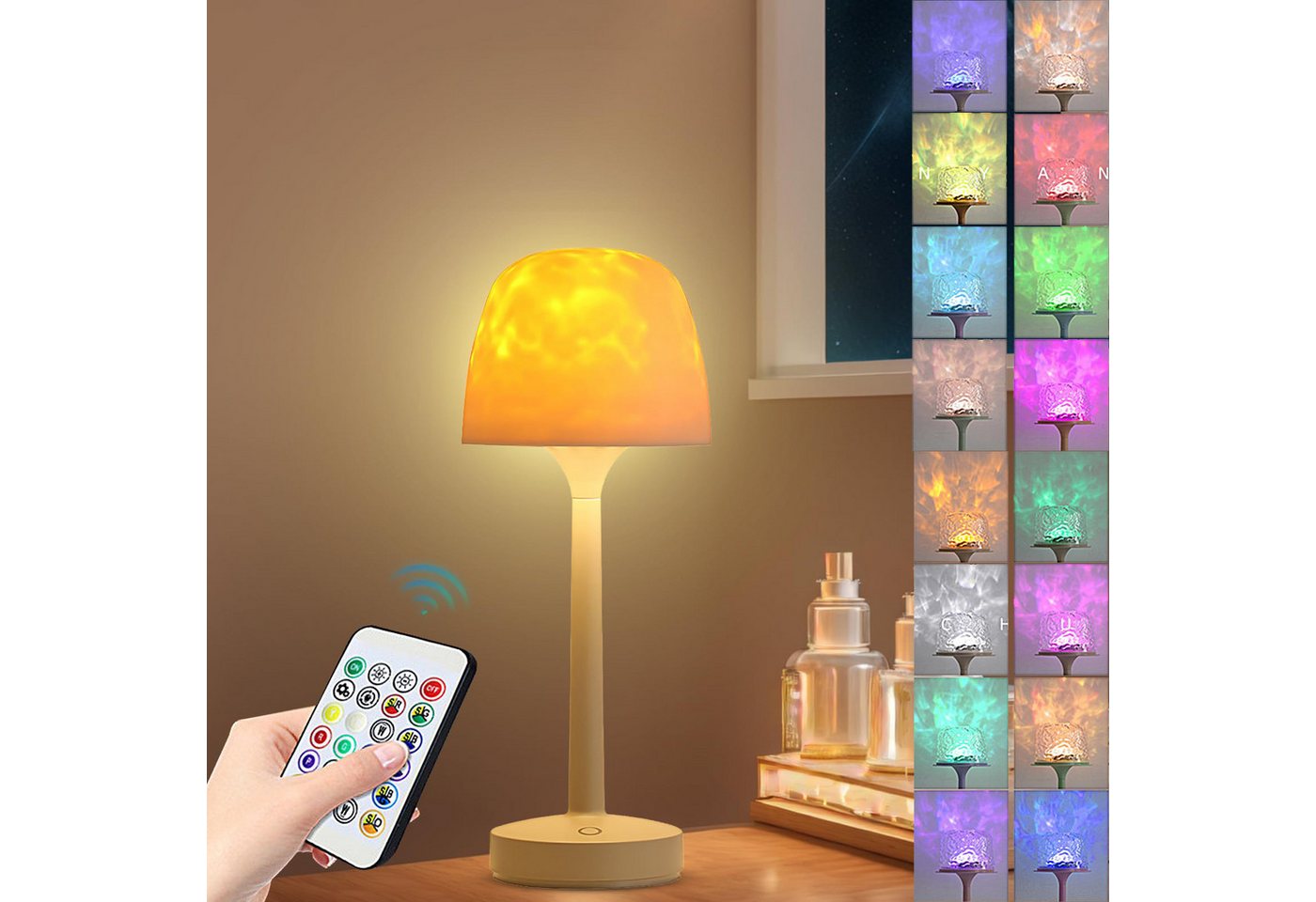BlingBin LED Tischleuchte Tischlampe Wasserwellen-Nachtlicht mit 16 Farben, Nachttischlampe, mit Fernbedienung, LED fest integriert, RGB, 16 Farben, kabellos Projektor-Licht mit Fernbedienung für Spielzimmer, Wohnzimmer von BlingBin
