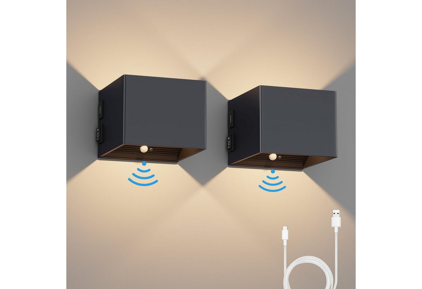 BlingBin LED Wandleuchte Akku Wandleuchte mit Bewegungsmelder, 5W LED Wandleuchte, Drei Erfassungsmodi, LED fest integriert, Warmes Licht, Kabellose Wandleuchte mit Schalter und USB-Aufladung von BlingBin