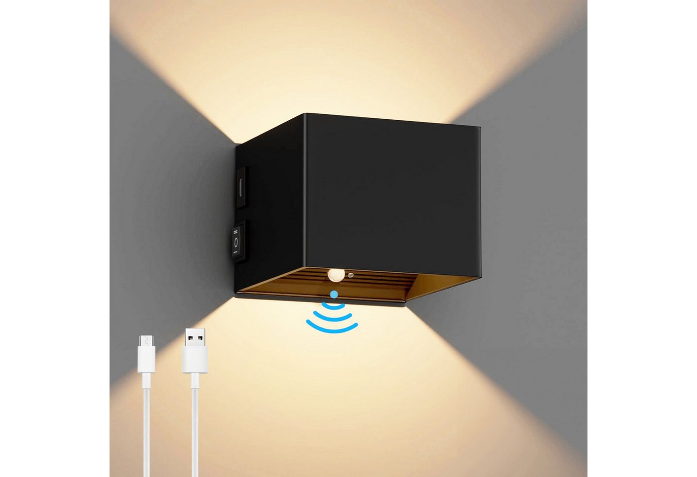 BlingBin LED Wandleuchte Akku Wandleuchte mit Bewegungsmelder Innen LED Kabellose Wandlampe, USB Aufladbare Wandbeleuchtung, LED fest integriert, Warmweiß, 5W 4400mAh Aufladbare Wandlampe mit Schalter von BlingBin