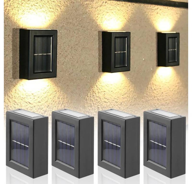 BlingBin LED Wandleuchte Solar Wandleuchten Außen Solarleuchte Solar-Gartenleuchten Wandlampe, 4 Stück IP65 wasserdichte LED-Solar-Treppenlampe, LED fest integriert, Warmweiß, mit Sensor Beleuchtung, Solar-Induktionslicht Außenlicht-Dekoration von BlingBin