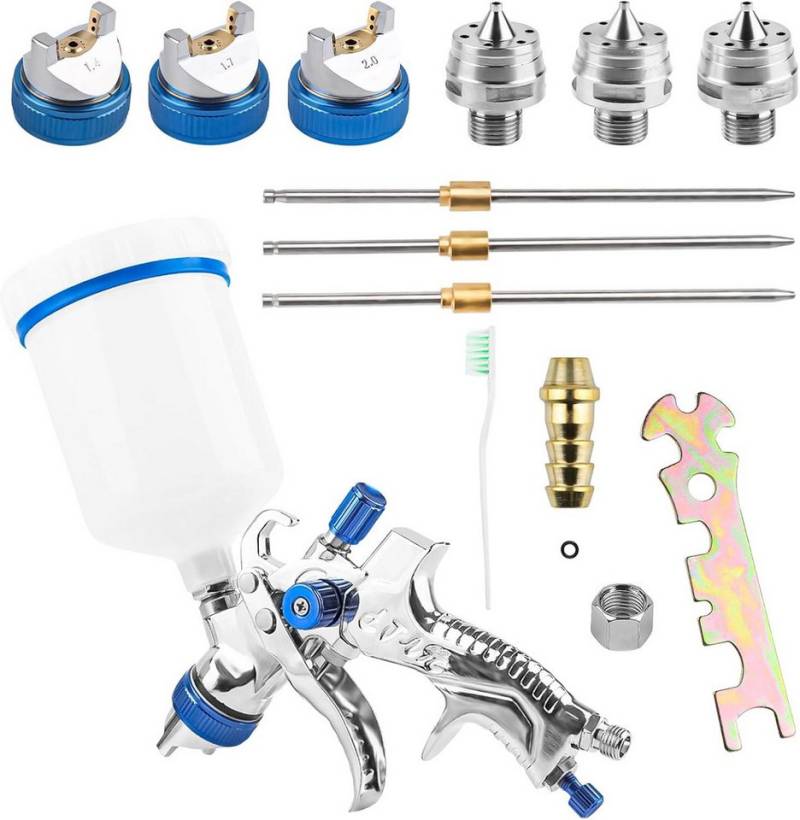 BlingBin Lackierpistole Spritzpistole mit 3 Düsen 1,4mm 1,7mm 2,0mm und 600 CC Plastikbecher, 1er Set, 1-tlg., 3 Düsen 1,4mm 1,7mm 2,0mm und 600 CC Plastikbecher, Profi Farbsprühsystem Spraypistole für Zäune Decken Wandmalerei von BlingBin