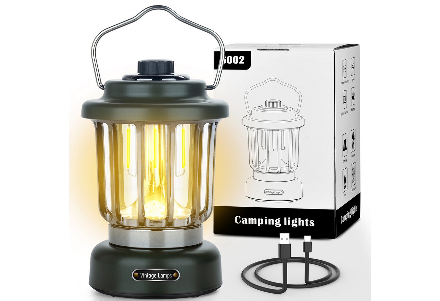 BlingBin Laterne LED Campinglampe Tragbar Outdoor Camping Laterne Retro Pferde Laterne (1er Set, 1-St., 1 Stück), IP54 Wasserdicht Campinglaterne, Helligkeiten Dimmbar, USB aufladbar von BlingBin