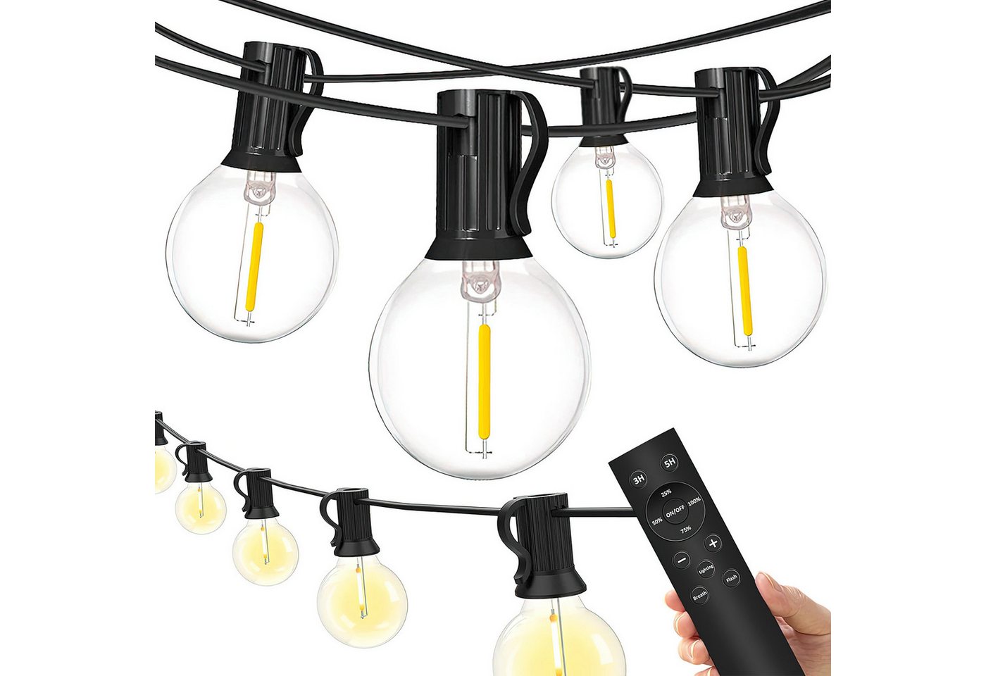 BlingBin Lichterkette Außen Dimmbar Lichterkette Glühbirnen mit Fernbedienung, Gartenleuchte, 50-flammig, 50+2 G40 30M Wasserdicht Lichterkette für Garten, Hof, Haus Party Deko von BlingBin