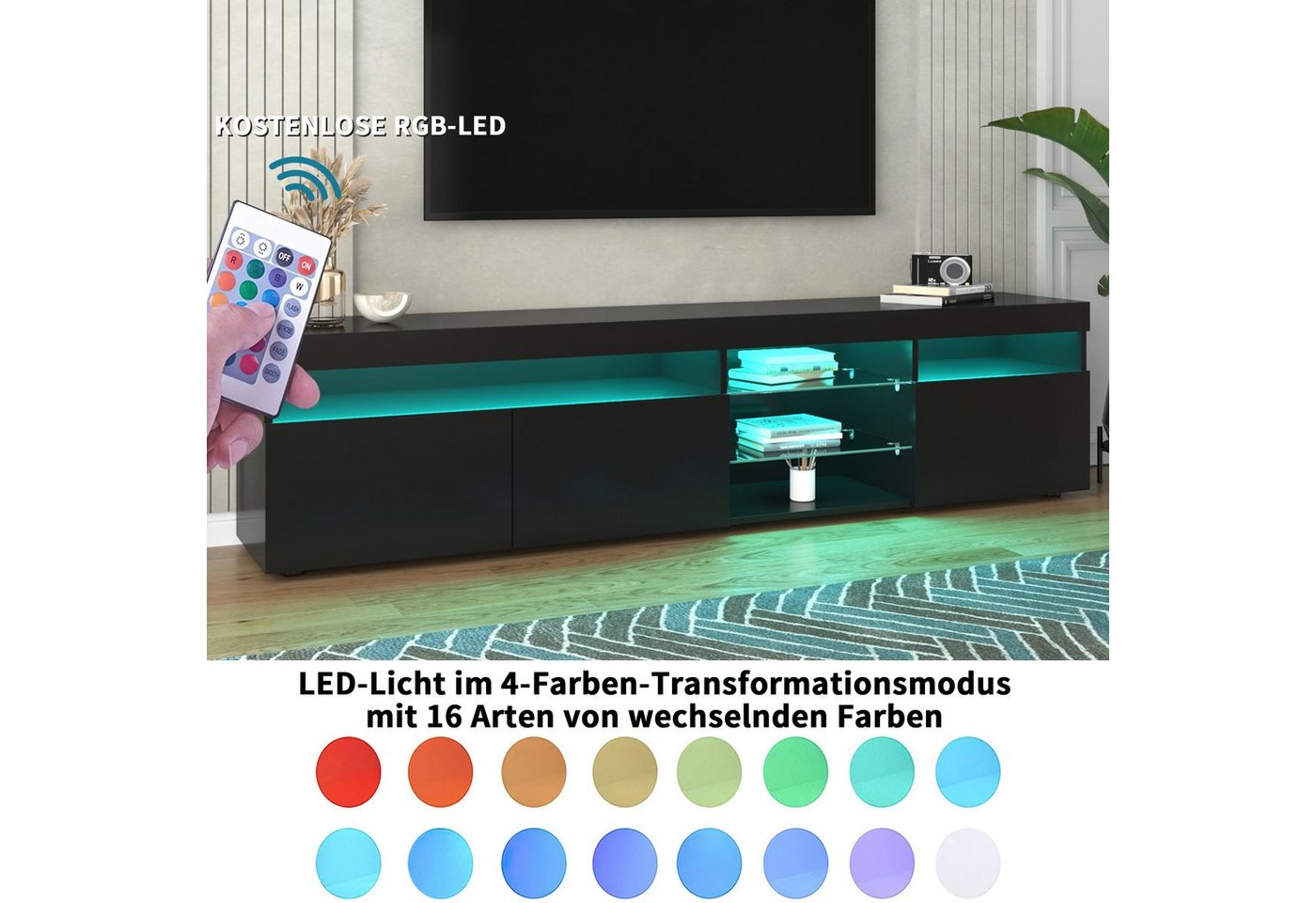 BlingBin Lowboard LED-Beleuchtung inkl. Fernbedienung, TV-Lowboard TV Schrank 180cm von BlingBin