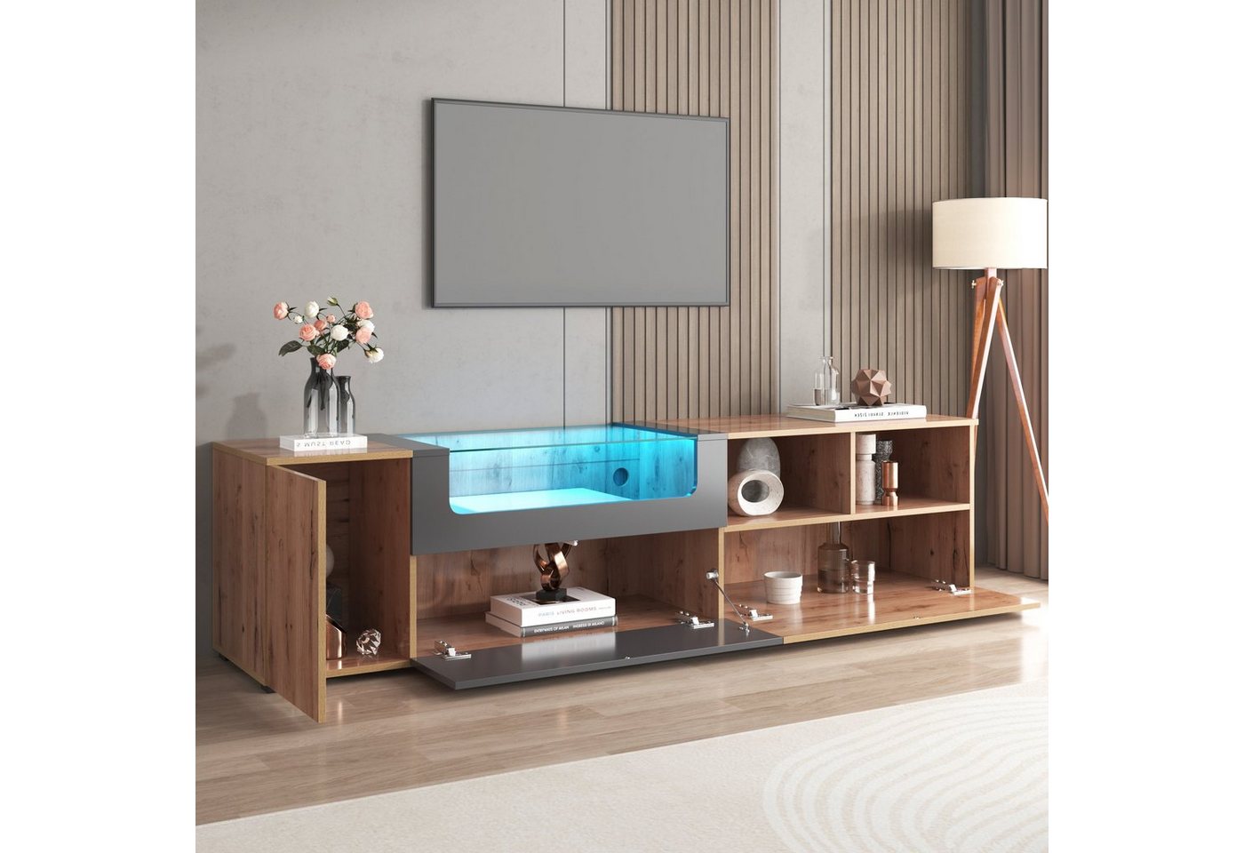 BlingBin Lowboard Lowboards TV-Boards mit LED-Licht und Glasplatte mit Fächern und Türen, 190 L x 40 B x 48H(cm) von BlingBin