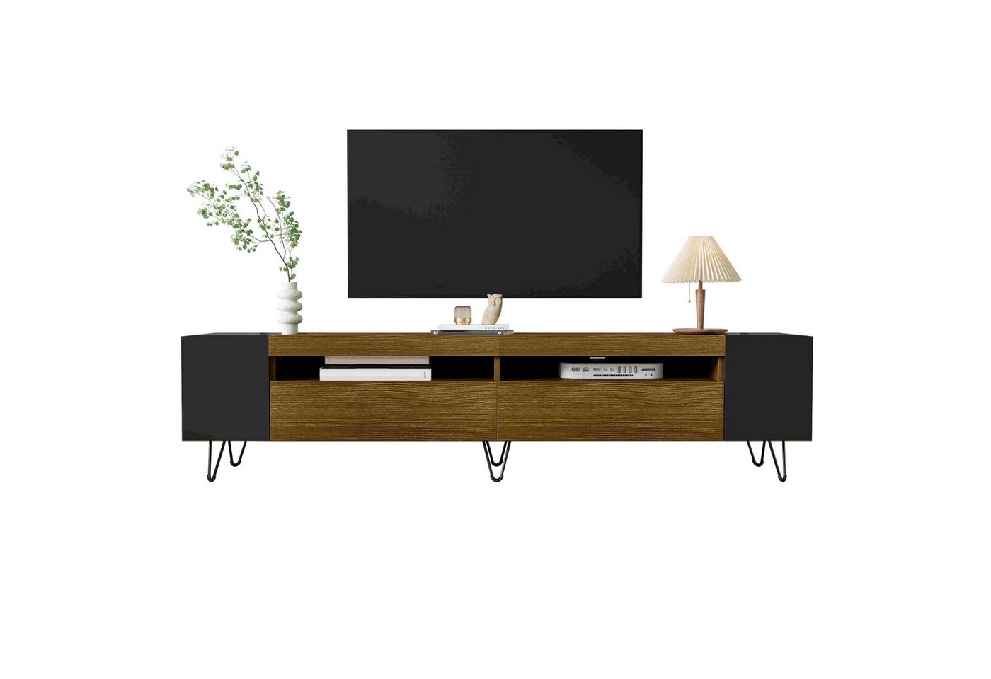 BlingBin Lowboard Moderner TV-Schrank, TV-Möbel mit Metallbeine, TV-Board (1er Set, 1 St., 180 x 36 x 43cm, Produktladung: 60KG), Stabil und Langlebig, MDF und Spanplatte, Schwarz & Holzfarbe von BlingBin