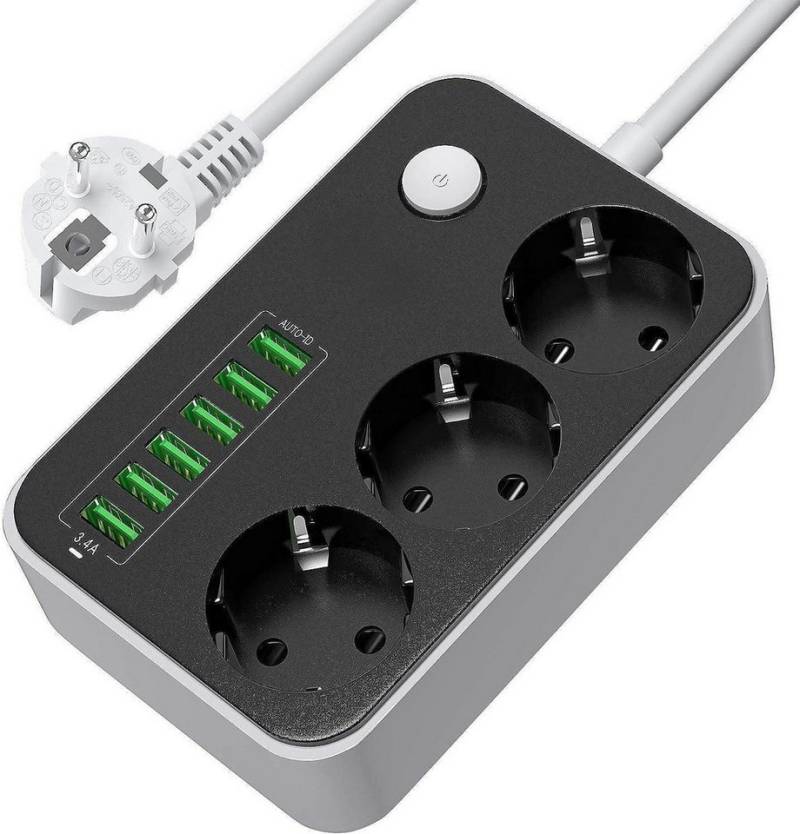 BlingBin Mehrfachsteckdose mit 3 fach 6 USB-Anschluss Steckdose Steckdosenleiste 3-fach (USB-Anschlüsse, Kabellänge 1.6 m), 3 Fach 2500W 17W 5V 3.4A 1.6M Kabel von BlingBin