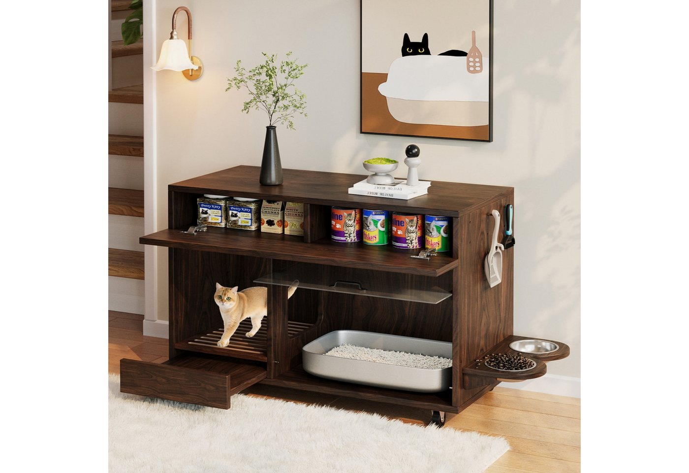 BlingBin Mehrzweckschrank Bewegbarer Katzenkloschrank Beistellschrank Mehrzweckschrank (Katzentoilettenschrank mit Katzenfuttertellern, Sandauffangschale, Lochplatte mit Hakenlöchern, Ohne Katzenklo, 1-St., Maße: 100x45,5x67cm, Tragfähigkeit: Tischplatte-25kg, Schubladen-15kg) Anrichte aus MDF und Spanplatte für Wohnzimmer, Nussbaumfarbe von BlingBin