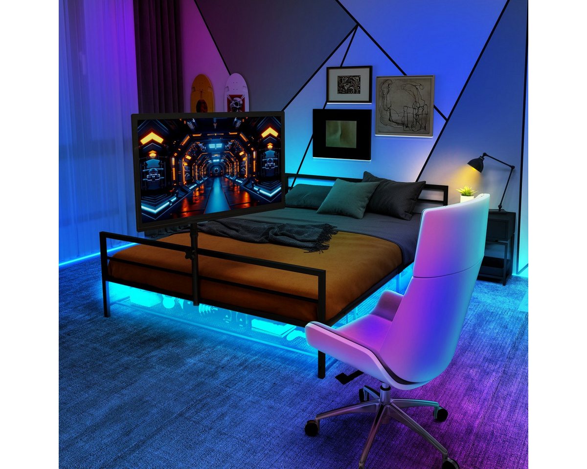 BlingBin Metallbett Jugendbett, Schwarzes Gaming-Bett mit verstellbarer Halterung (1er Set, 1-tlg., mit LED-Beleuchtung und Unterbett-Aufbewahrungskörben), 90x200 Großes Metallbett mit einer Länge von 206 cm. von BlingBin
