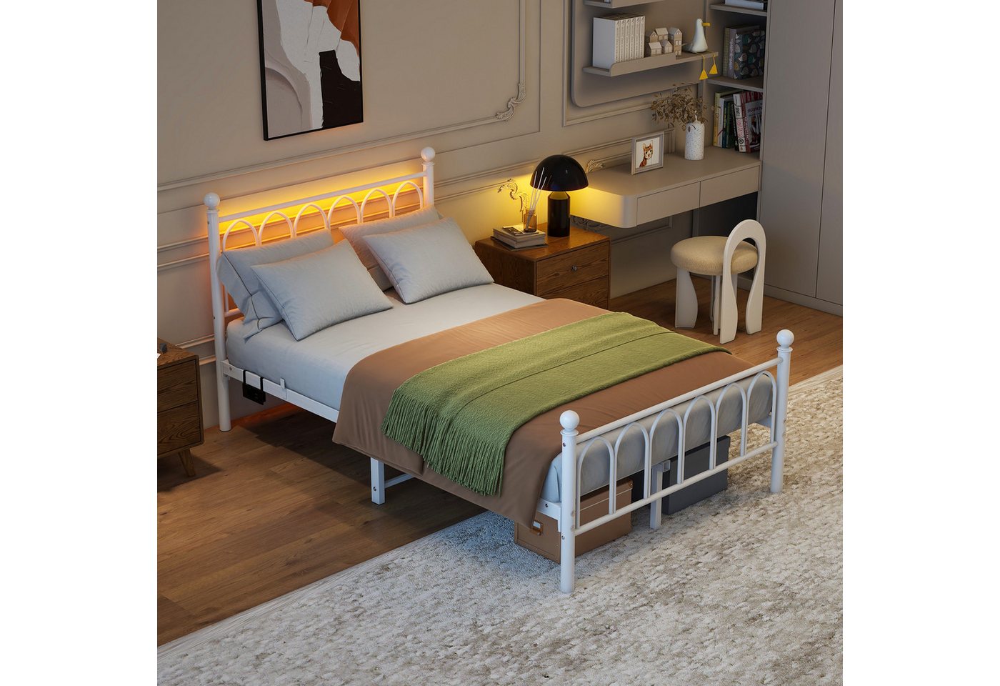 BlingBin Metallbett Metallgestell Funktionsbett Jugendbett Einzelbett LED-Bettrahmen (Metall-Bettrahmen mit Vintage Kopf und Fußplatte, USB-Ladestation, Heavy Duty Stahl Slat Unterstützung, 1-tlg., 120*200 cm, Ohne Matratze, Belastbarkeit maximal: 227KG), Reichweite Unterbett-Speicher, Keine Box-Feder Erforderlich, Weiß BlingBin Metallbett Metallgestell Funktionsbett Jugendbett Einzelbett LED-Bettrahmen (Metall-Bettrahmen mit Vintage Kopf und Fußplatte, USB-Ladestation, Heavy Duty Stahl Slat Unterstützung, 1-tlg., 120*200 cm, Ohne Matratze, Belastbarkeit maximal: 227KG), Reichweite Unterbett-Speicher, Keine Box-Feder Erforderlich, Weiß von BlingBin
