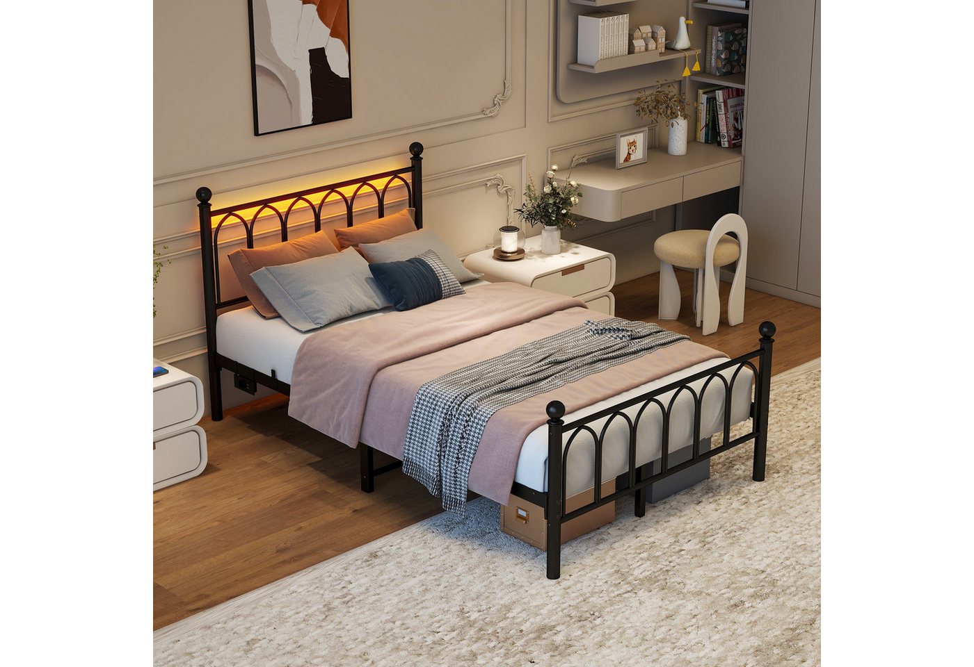 BlingBin Metallbett Metallgestell Funktionsbett Jugendbett Einzelbett LED-Bettrahmen (Metall-Bettrahmen mit Vintage Kopf und Fußplatte, USB-Ladestation, Heavy Duty Stahl Slat Unterstützung, 1-tlg., 120*200 cm, Ohne Matratze, Belastbarkeit maximal: 227KG), Reichweite Unterbett-Speicher, Keine Box-Feder Erforderlich, Schwarz BlingBin Metallbett Metallgestell Funktionsbett Jugendbett Einzelbett LED-Bettrahmen (Metall-Bettrahmen mit Vintage Kopf und Fußplatte, USB-Ladestation, Heavy Duty Stahl Slat Unterstützung, 1-tlg., 120*200 cm, Ohne Matratze, Belastbarkeit maximal: 227KG), Reichweite Unterbett-Speicher, Keine Box-Feder Erforderlich, Schwarz von BlingBin