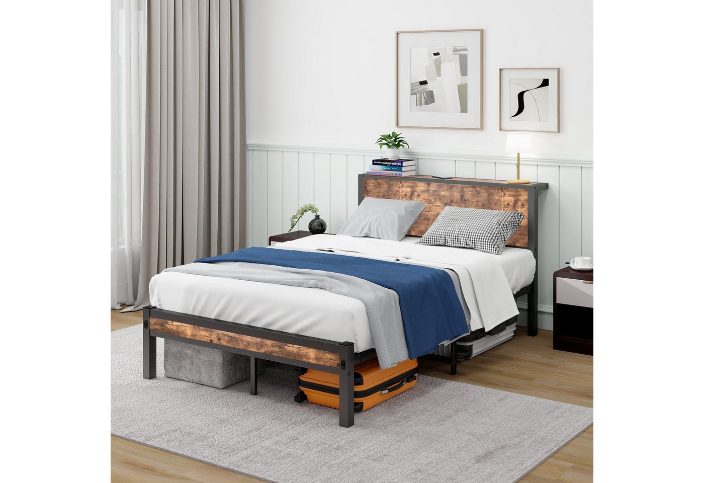 BlingBin Metallbett Metallgestell mit Stauraum-Kopfteil, Einzelbett Jugendbett (Einzelnes Metall-Plattformbettgestell, Geräuschfrei, 1-tlg., 120*200cm, Keine Matratze, Max Belastbarkeit: 220kg), Metalluntergestell, Ohne Boxspring Notwendig, Vintage Braun von BlingBin