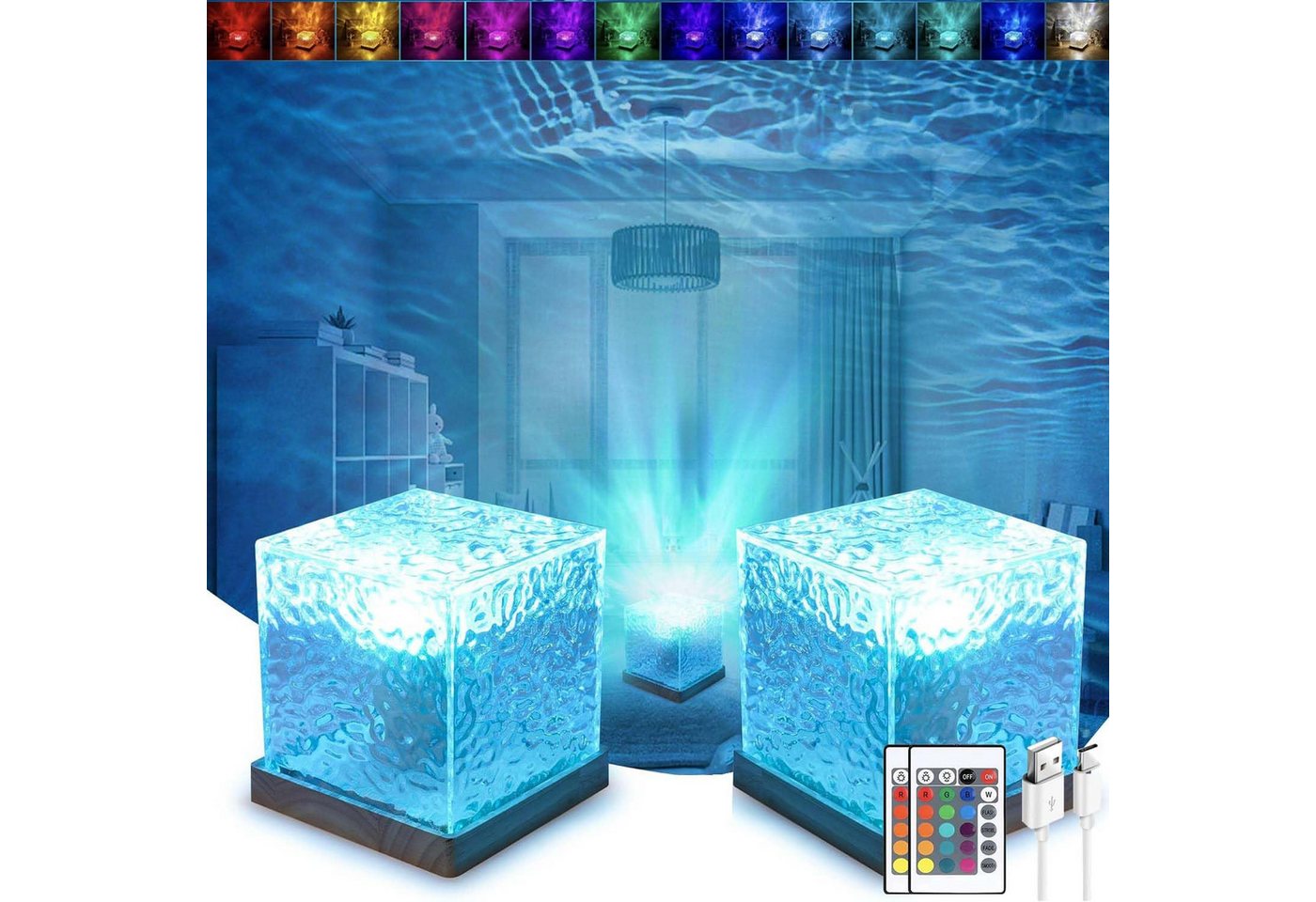BlingBin Nachtlicht Wasserwellen Lampe, 16 Farben Allmählich Rotierende Nordlicht Lampe, 16 Farben, LED fest integriert, bunten, RGB, Wellen Deckenprojektion Stimmungslicht Holzsockel mit Fernbedienung von BlingBin