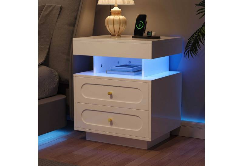 BlingBin Nachttisch LED Nachttisch Nachtschrank mit 2 Schubladen, 1 offener Lagerraum (1-St., großer Schublade und Kippsicherung, 50x40x60 cm, aus Spanplatte), Weiß, modernes Design, pflegeleicht und stabil von BlingBin