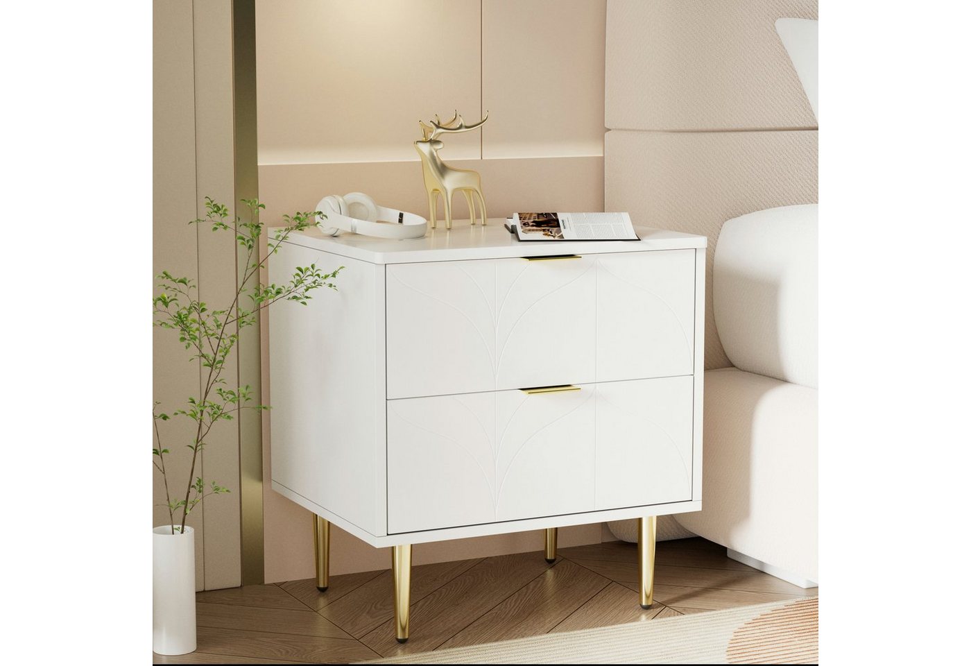 BlingBin Nachttisch Moderner sideboard 2er-Set mit 2 Schubladen, 50B*40T*54H cm, weiß (Ecken mit Anti-Bump-Design, mit vergoldeten Füßen und Knöpfen) von BlingBin