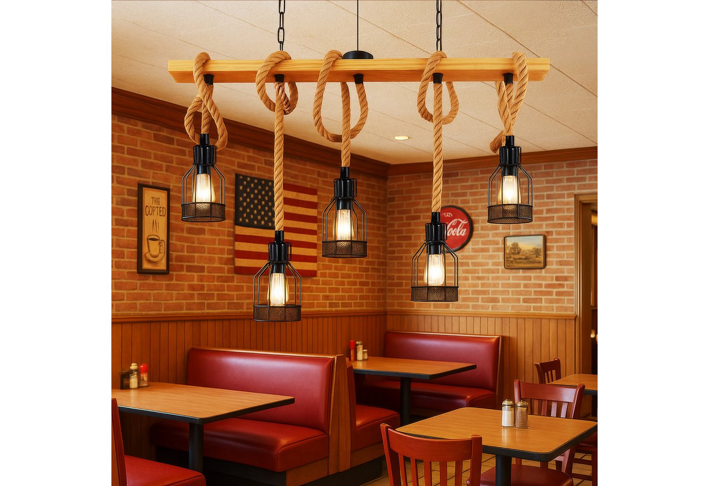 BlingBin Pendelleuchte Esstischlampe Holz Retro 5-flammig mit Hanfseil, Hohenverstellbar, ohne Leuchtmittel, DIY, Höhenverstellbar mit Hanfseil,5-flammig E27 Fassung von BlingBin