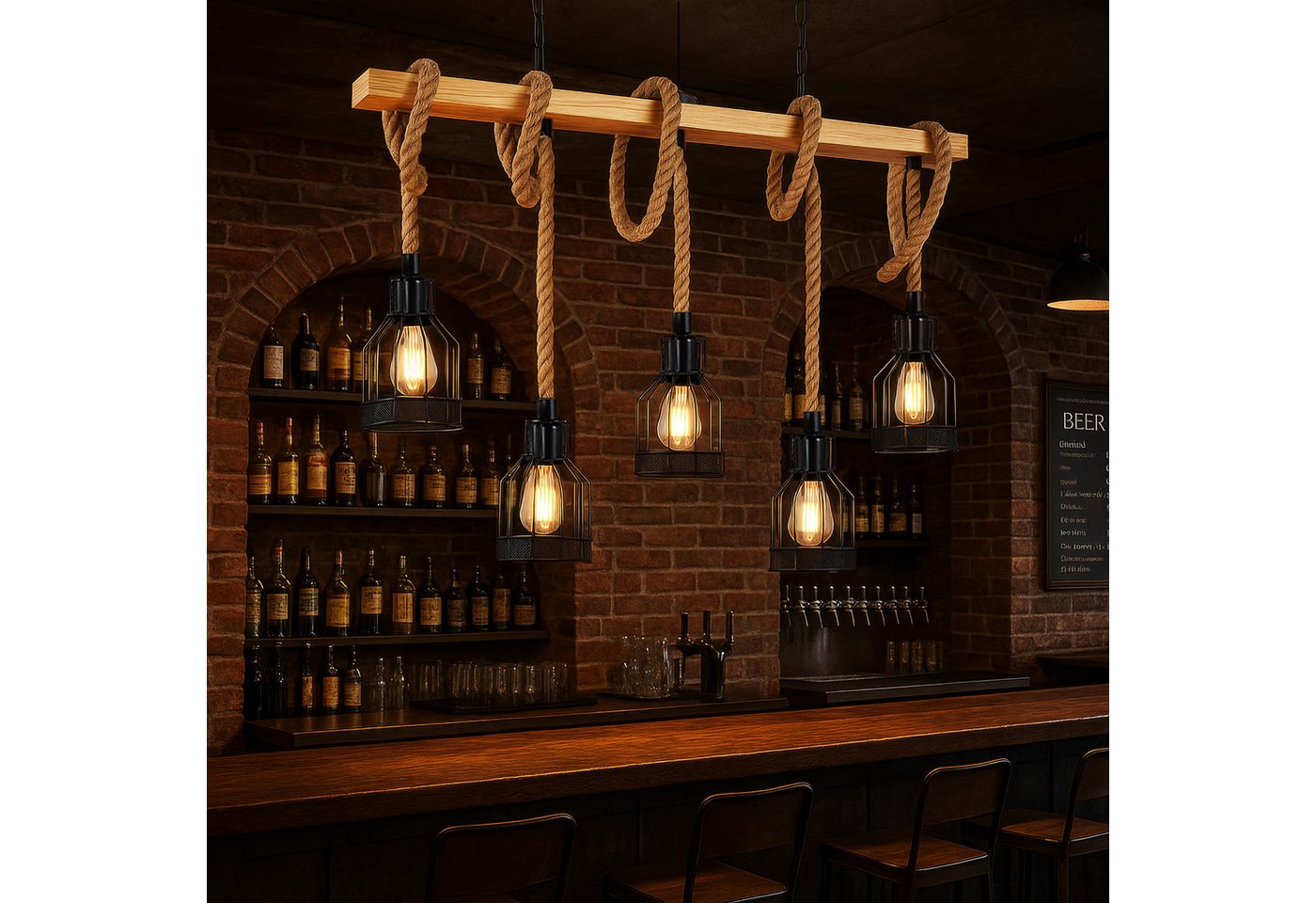 BlingBin Pendelleuchte Küchenpendelleuchte, Pendelleuchte mit 5 E27-Glühbirnenfassungen, Höhenverstellbar, ohne Leuchtmittel, DIY, Vintage Kronleuchter E27 Esszimmer Licht Hanfseil Kronleuchter von BlingBin