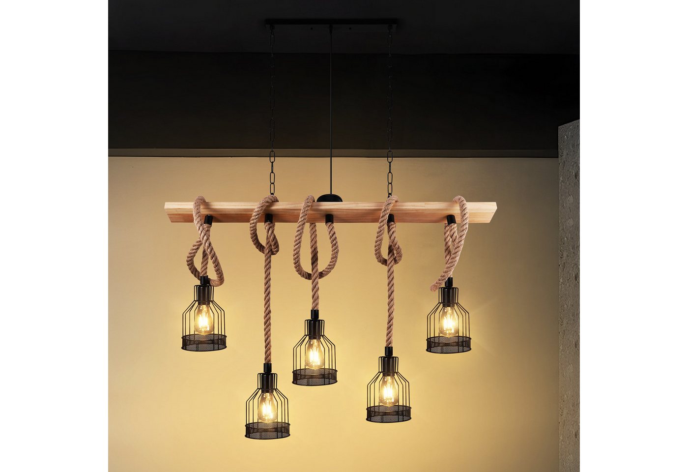 BlingBin Pendelleuchte Vintage Esstischlampe Holz Kronleuchter Höhenverstellbar Hängelampe, Höhenverstellbar, ohne Leuchtmittel, DIY, Hanfseil Verstellbare 5-flammige E27 Hängeleuchte für Esszimmer BlingBin Pendelleuchte Vintage Esstischlampe Holz Kronleuchter Höhenverstellbar Hängelampe, Höhenverstellbar, ohne Leuchtmittel, DIY, Hanfseil Verstellbare 5-flammige E27 Hängeleuchte für Esszimmer von BlingBin