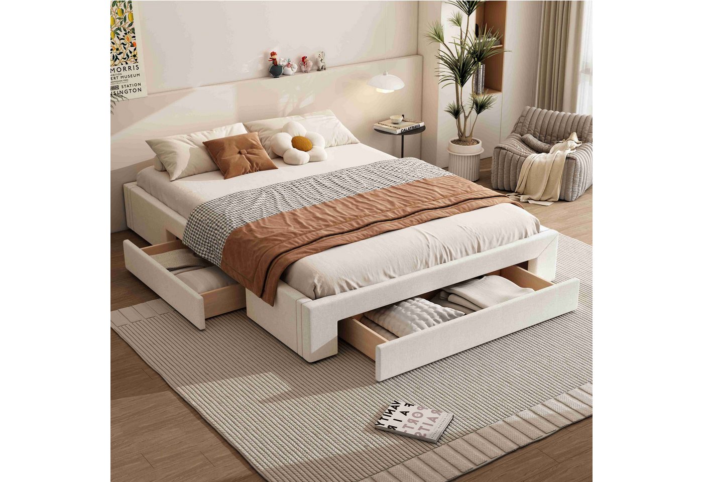 BlingBin Polsterbett (1-tlg., ohne Kopfteil – Doppelbett mit Stauraum, MDF & Stoff), Schlichtes Designbett 140/160x200 cm von BlingBin
