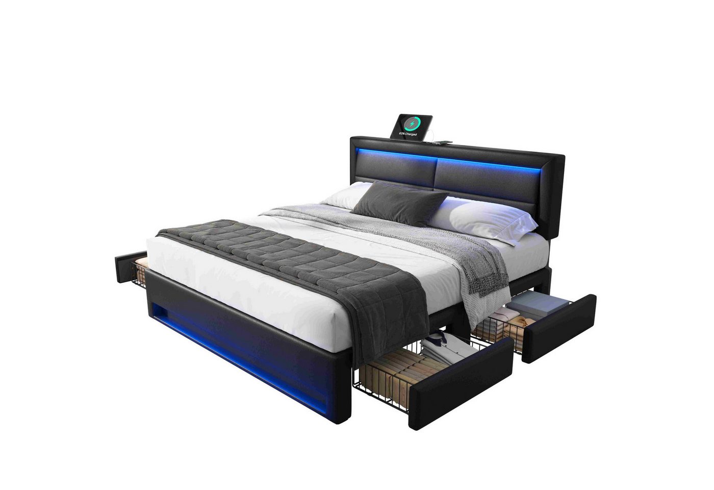 BlingBin Polsterbett 140*190cm Jugendbett mit USB-Anschluss, LED-Beleuchtung, 4 Schubladen (1er Set, 1-tlg., Maximale Belastbarkeit: 300kg (660 Pfund), Ohne Matratze, PU-Design mit Lychee-Muster, Schwarz von BlingBin