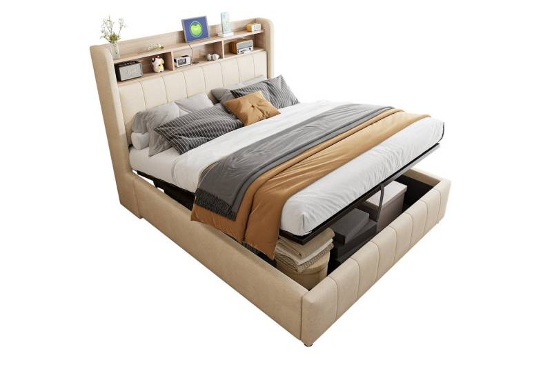 BlingBin Polsterbett 140/160x200cm Doppelbett mit LED-Beleuchtung und USB-Steckdose (1er Set, 1-tlg., Kopfteil mit Einlegeböden und Stauraum), Mit Hydraulik für die Lagerung, Erwachsenenbett Doppelt, Leinenstoff von BlingBin