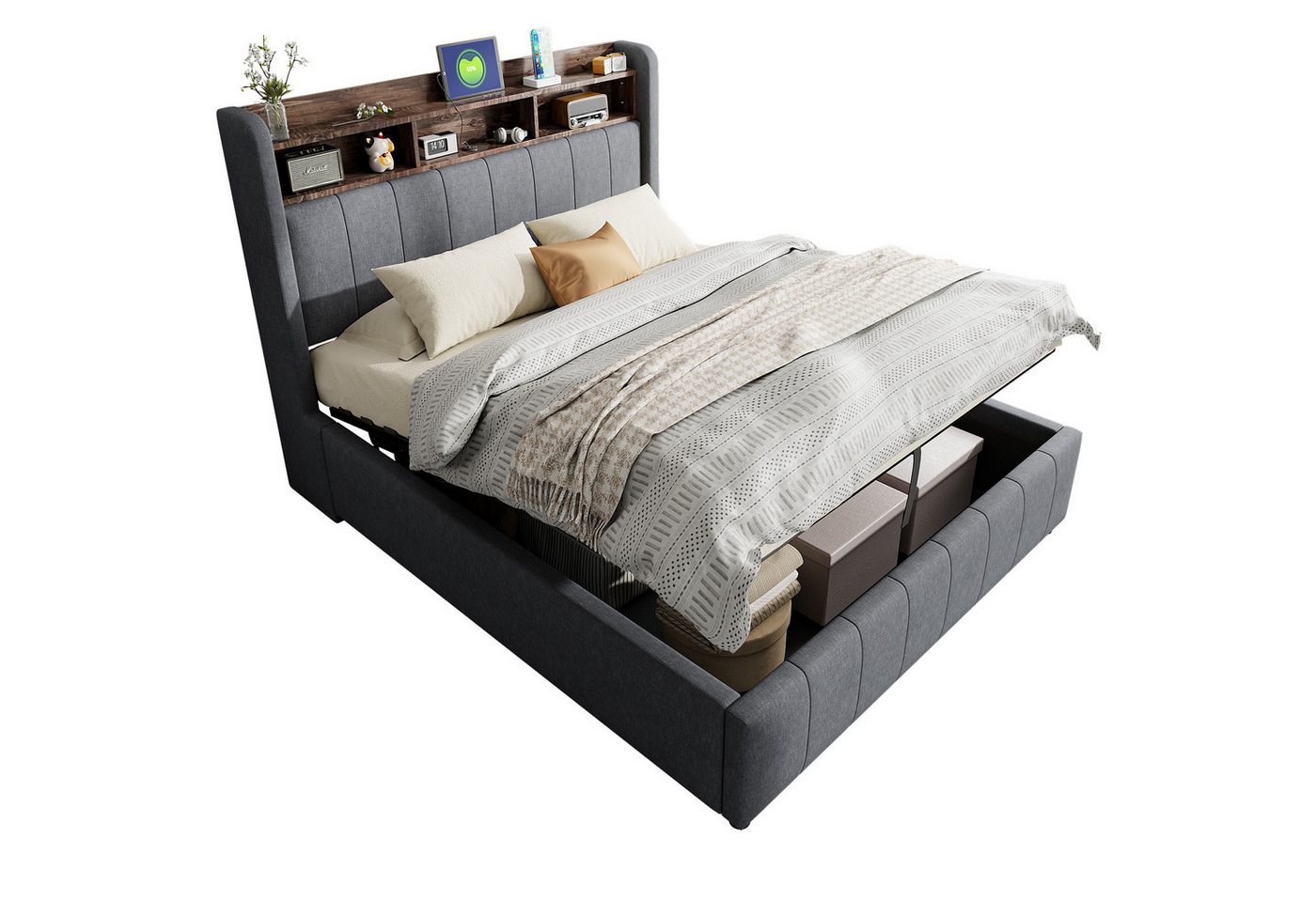 BlingBin Polsterbett 140/160x200cm Doppelbett mit LED-Beleuchtung und USB-Steckdose (1er Set, 1-tlg., Kopfteil mit Einlegeböden und Stauraum), Mit Hydraulik für die Lagerung, Erwachsenenbett Doppelt, Leinenstoff von BlingBin