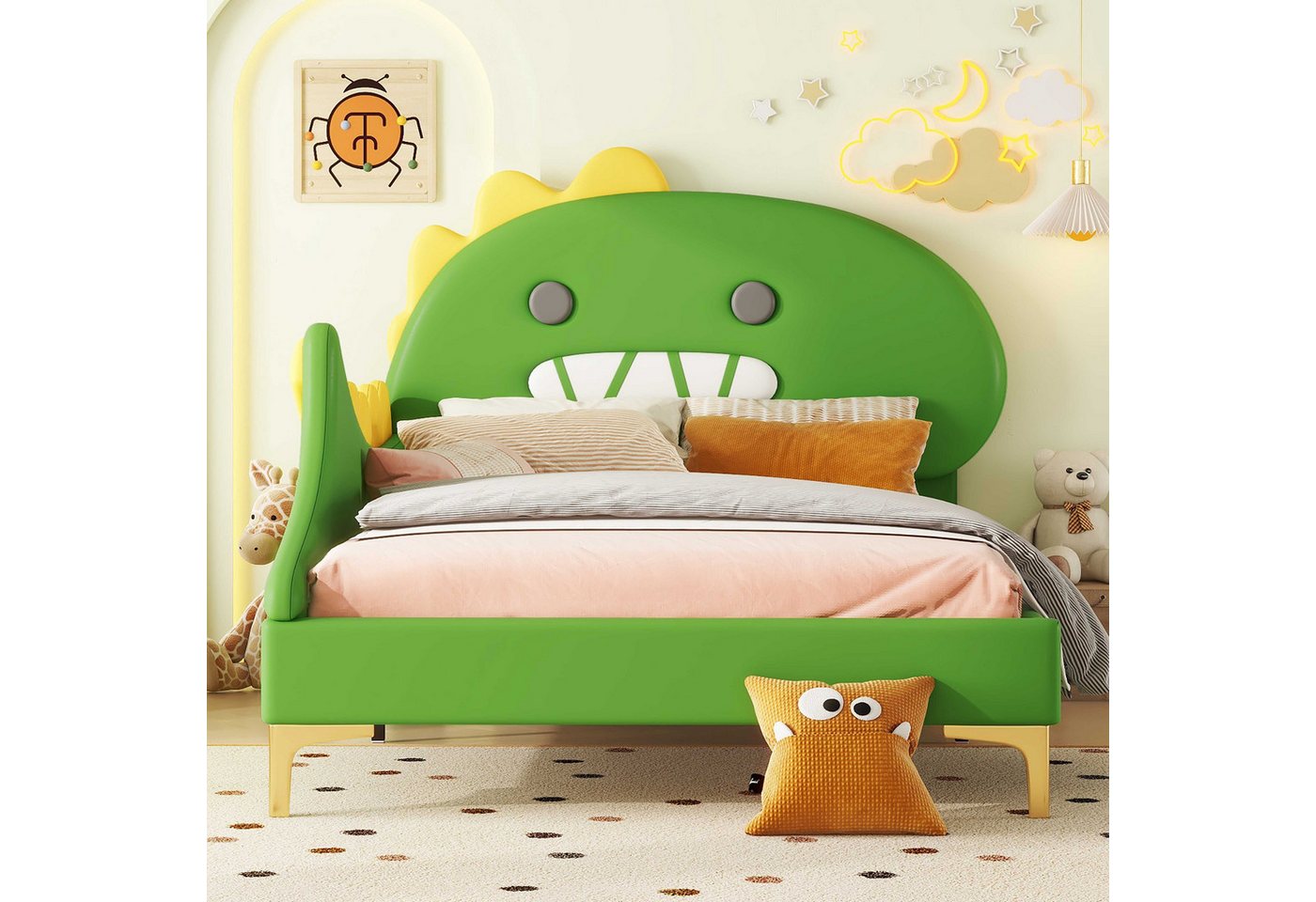 BlingBin Polsterbett 90*200cm Kinderbett, Cartoon Dinosaurier Form, Flachbett (1 Set, 1-tlg., 209 x 94 x 110cm), Für Kinderzimmer, Kinderbetten, Dekoration von BlingBin