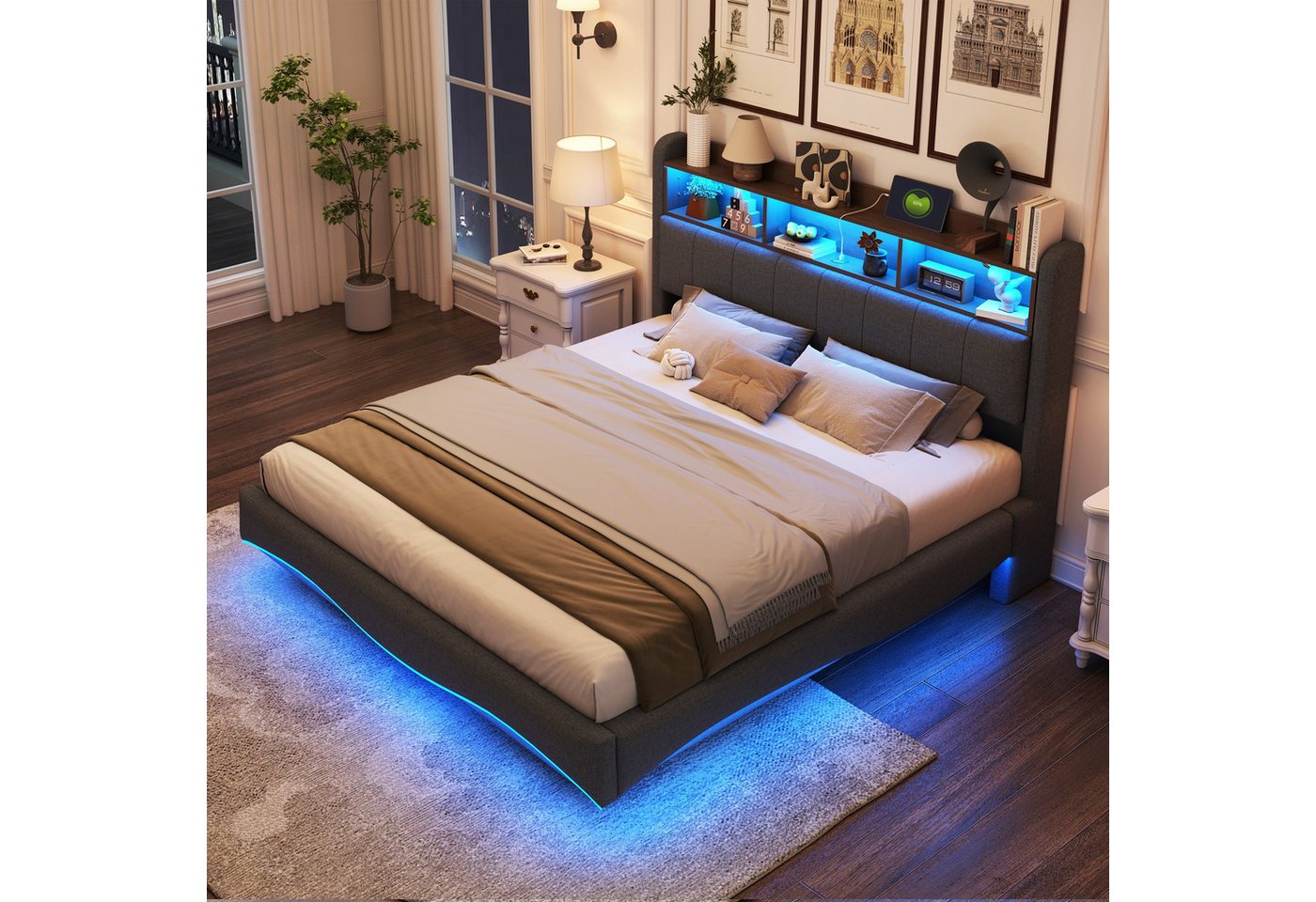 BlingBin Polsterbett Abgehängtes bett Doppelbett Multifunktionales Stauraumbett (1er Set, 1-tlg., Polsterbett mit LED-Licht, USB- und TYPE-C-Schnittstelle, 160 x 200 cm), Geschwungener Rahmen, schwebende Optik, Leinenstoff von BlingBin