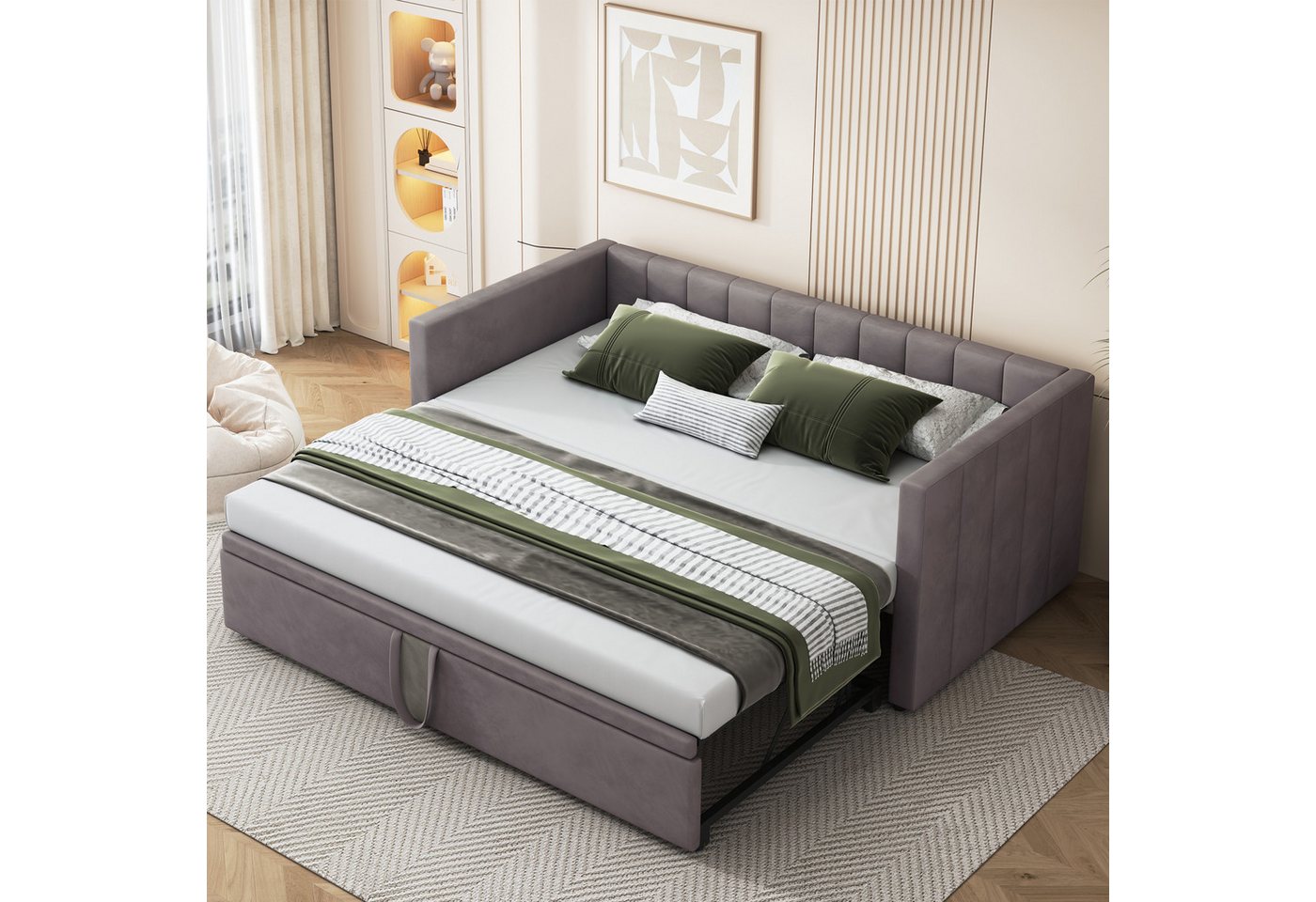 BlingBin Polsterbett Ausziehbares Schlafsofa 90/180x200 cm, Doppelbett (Daybett, 1-tlg., Kinderbett Bett Funktionsbett), mit Lattenrosten, Multifunktionsbett aus hautfreundlichem Samtstoff von BlingBin