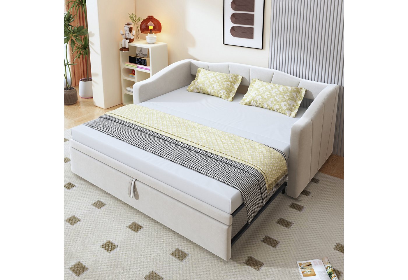 BlingBin Polsterbett Ausziehbares Schlafsofa Einzelbett Doppelbett Funktionsbett (Jugendbett mit Lattenrosten, Kinderbett, 1-tlg., 90/180*200 cm, Ohne Matratze, Gewichtskapazität: 120kg), Multifunktionsbett für Schlafzimmer, Hautfreundlichem Samtstoff, Beige von BlingBin