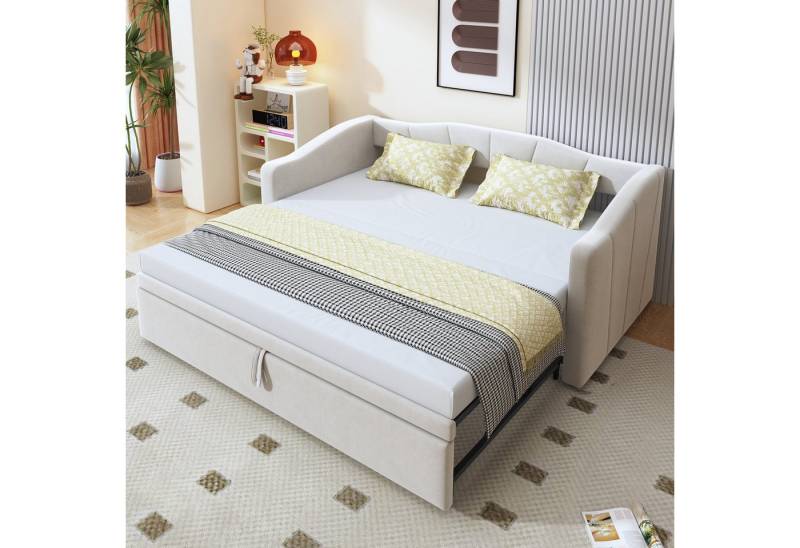 BlingBin Polsterbett Ausziehbares Schlafsofa Einzelbett Doppelbett Funktionsbett (Jugendbett mit Lattenrosten, Kinderbett, 1-tlg., 90/180*200 cm, Ohne Matratze, Gewichtskapazität: 120kg), Multifunktionsbett für Schlafzimmer, Hautfreundlichem Samtstoff, Beige von BlingBin