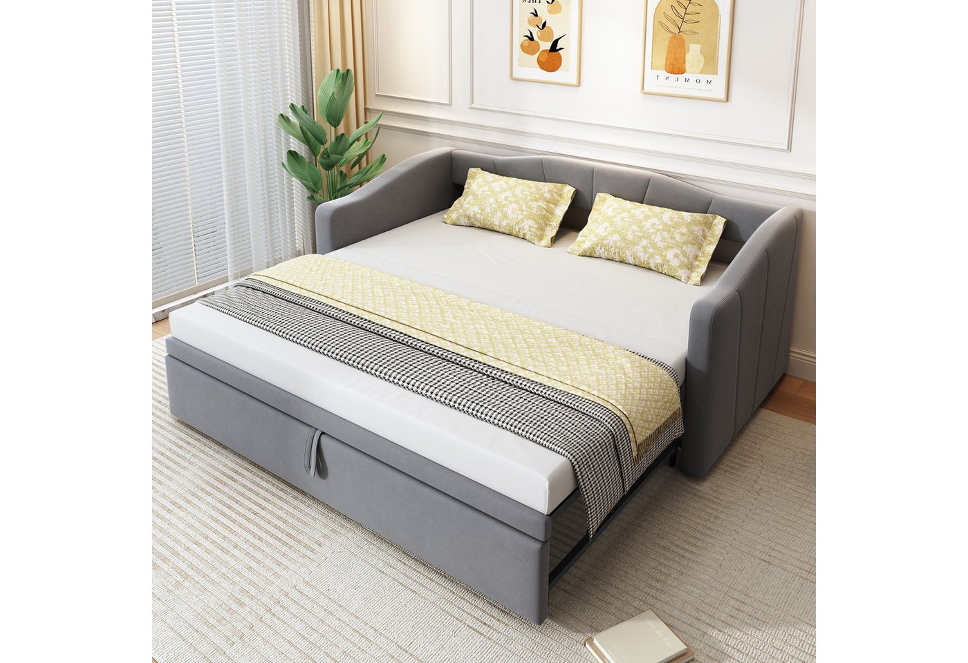 BlingBin Polsterbett Ausziehbares Schlafsofa Einzelbett Doppelbett Funktionsbett (Jugendbett mit Lattenrosten, Kinderbett, 1-tlg., 90/180*200 cm, Ohne Matratze, Gewichtskapazität: 120kg), Multifunktionsbett für Schlafzimmer, Hautfreundlichem Samtstoff, Grau von BlingBin