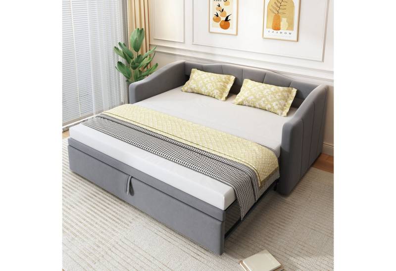 BlingBin Polsterbett Ausziehbares Schlafsofa Einzelbett Doppelbett Funktionsbett (Jugendbett mit Lattenrosten, Kinderbett, 1-tlg., 90/180*200 cm, Ohne Matratze, Gewichtskapazität: 120kg), Multifunktionsbett für Schlafzimmer, Hautfreundlichem Samtstoff, Grau von BlingBin