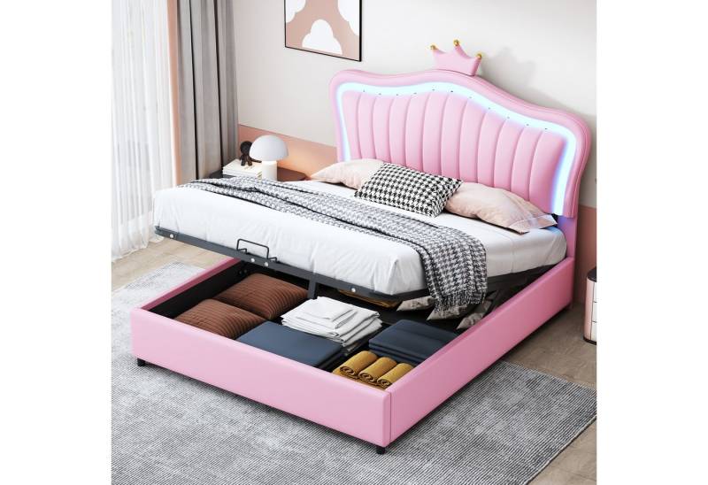 BlingBin Polsterbett Bett Kinderbett Polsterbet Gästebett (1er Set, 1-tlg., mit Kronendesign und LED-Beleuchtung – Hydraulisches Stauraumbett), Höhenverstellbares Kopfteil, 140 x 200 cm, Ohne Matratze von BlingBin