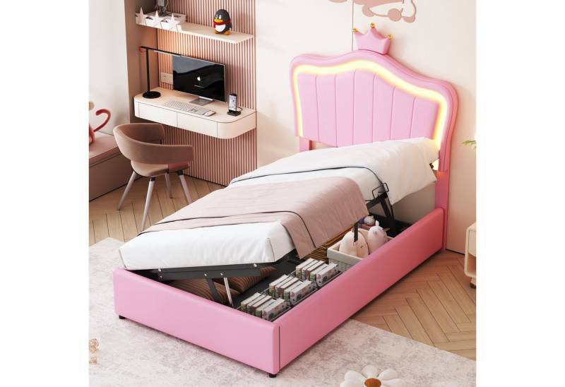 BlingBin Polsterbett Bett Kinderbett Polsterbet Gästebett (1er Set, 1-tlg., mit Kronendesign und LED-Beleuchtung – Hydraulisches Stauraumbett), Höhenverstellbares Kopfteil, 90 x 200 cm, Ohne Matratze von BlingBin