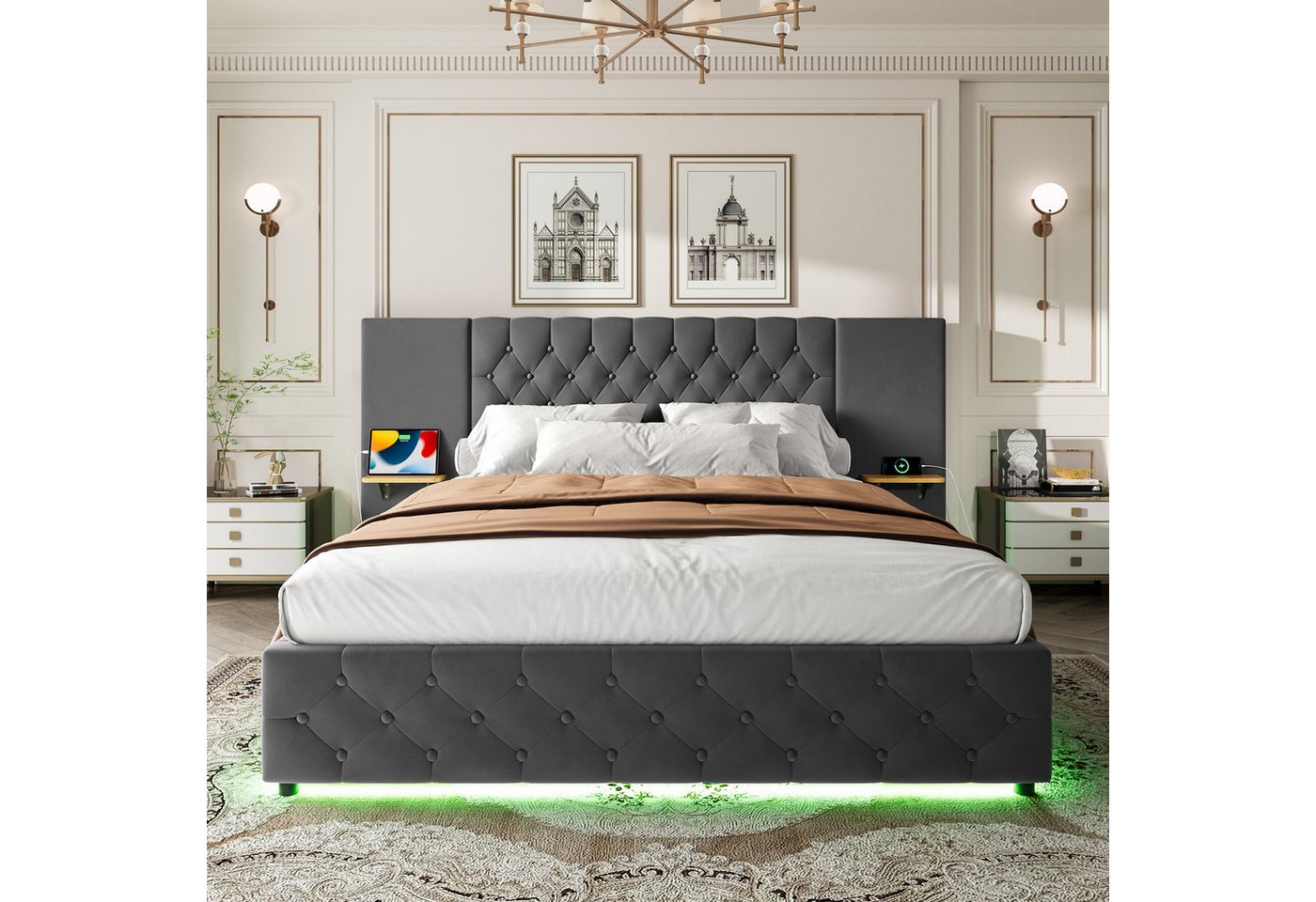 BlingBin Polsterbett Bettgestell mit LED-Kopfteil, großem Stauraum (1er set, 1-tlg., Die Größe des Bettrahmens beträgt 140 x 200 cm), USB-Anschlüssen und hydraulischem Hebesystem von BlingBin