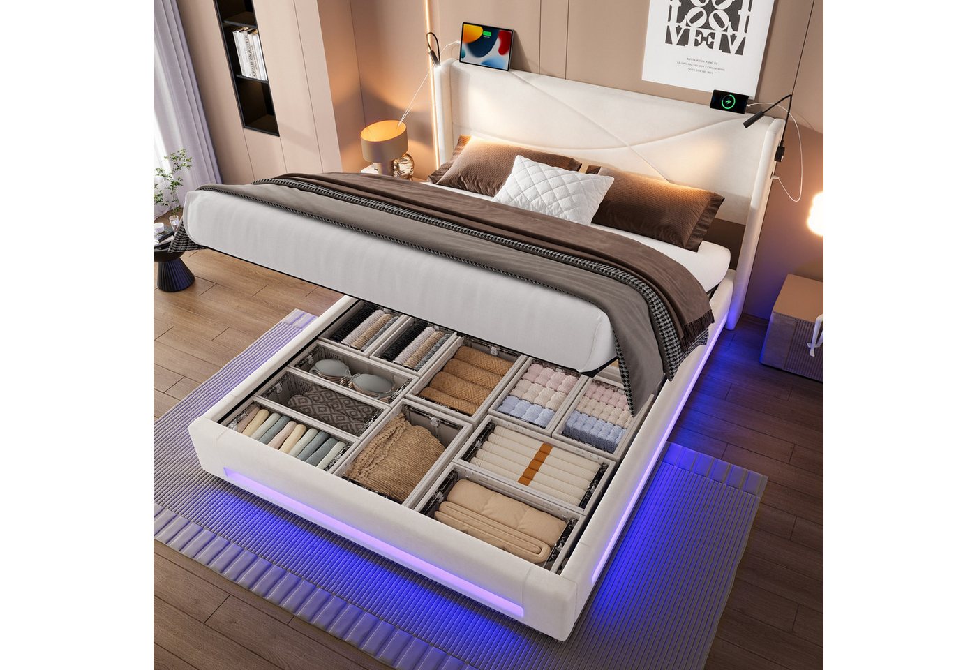 BlingBin Polsterbett Bettgestell mit hydraulischem Stauraum & LED-Beleuchtung (1er set, 1-tlg., 160 x 200cm), Ausgestattet mit zwei Leselampen und LED-Leuchten von BlingBin