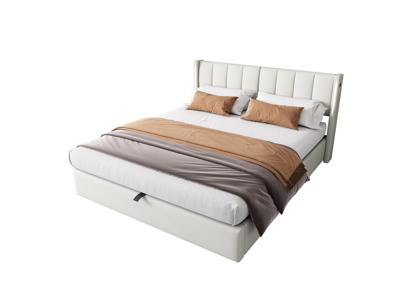 BlingBin Polsterbett Binaurales LED-Polsterbett, hydraulisches Bett (1-tlg., 140 x 200, mit Stauraum, PU, weiß), mit LED-Beleuchtung, verstellbares Kopfteil, USB-Anschluss im Bett von BlingBin