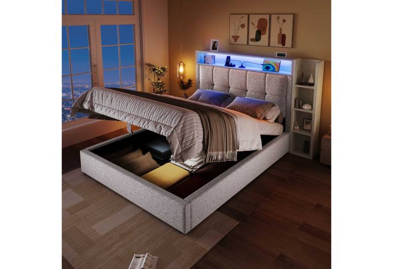 BlingBin Polsterbett Boxspringbett Stauraumbett (Multifunktionale Aufbewahrung, 1-tlg., mit USB & Typ-C Ladeanschluss, Bettkasten und gepolstertem Kopfteil), Polsterbett mit LED Lichtleiste, Leinenbezug Beige/Grau von BlingBin