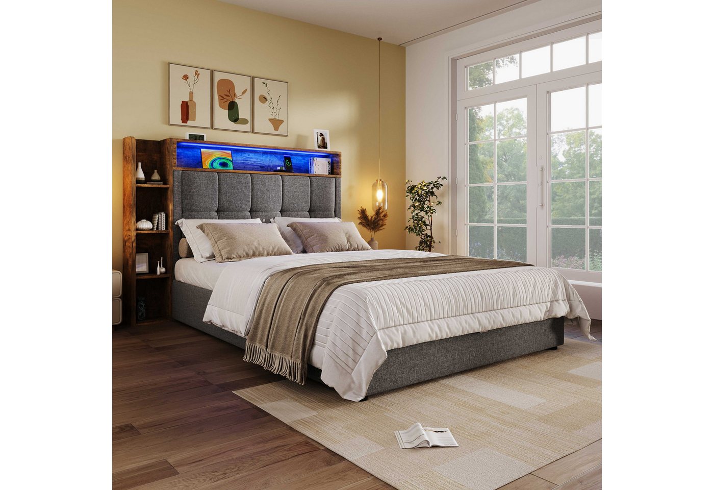 BlingBin Polsterbett Boxspringbett Stauraumbett (Multifunktionale Aufbewahrung, 1-tlg., mit USB & Typ-C Ladeanschluss, Bettkasten und gepolstertem Kopfteil), Polsterbett mit LED Lichtleiste, Leinenbezug Beige/Grau von BlingBin
