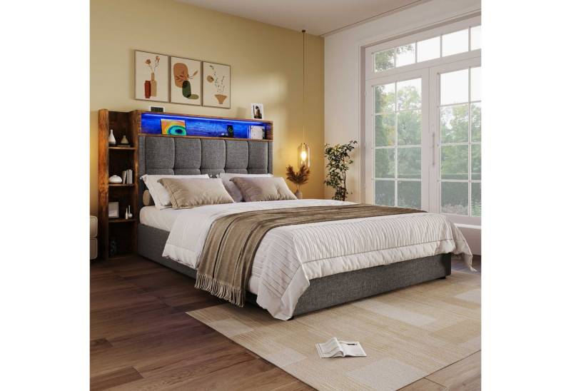 BlingBin Polsterbett Boxspringbett Stauraumbett (Multifunktionale Aufbewahrung, 1-tlg., mit USB & Typ-C Ladeanschluss, Bettkasten und gepolstertem Kopfteil), Polsterbett mit LED Lichtleiste, Leinenbezug Beige/Grau von BlingBin
