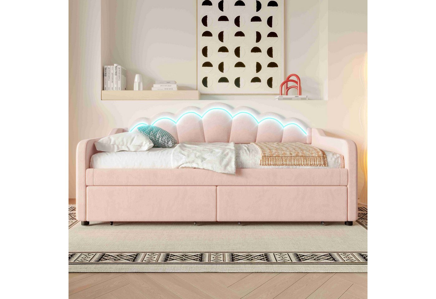 BlingBin Polsterbett Daybett Schlafsofa Einzelbett (1-tlg., Samt-Bett mit gewelltem Kopfteil, mit LED& 2 Schubladen), Rosa, 90x200cm, Ohne Matratze von BlingBin
