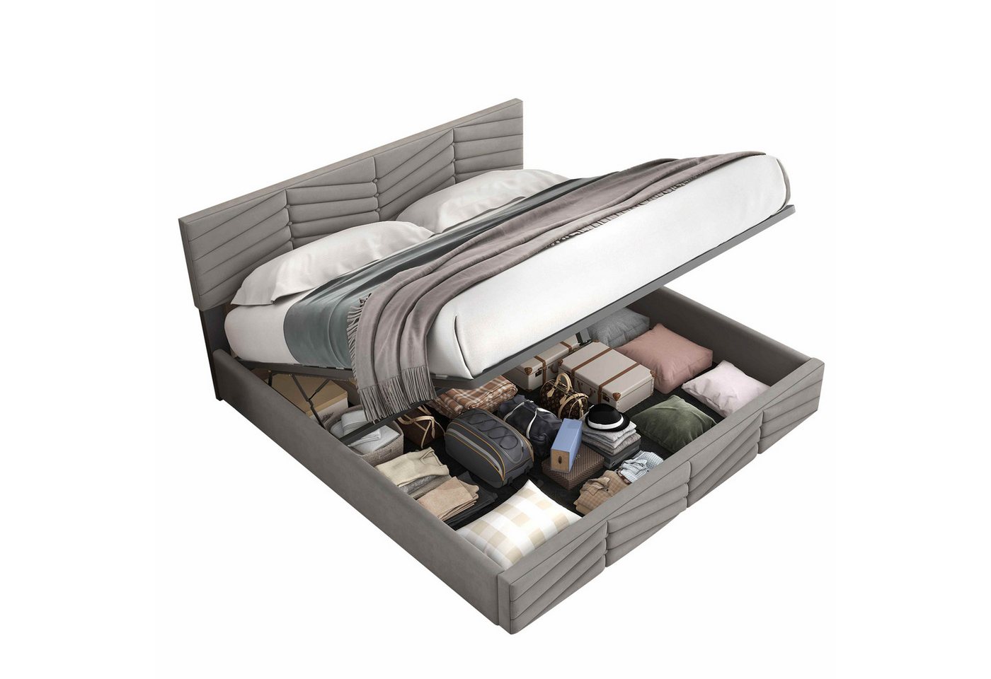 BlingBin Polsterbett Doppelbett, Hydraulisches Funktionsbett, Continentalbett (1er Set, 1-tlg., 140x190cm, Ohne Matratze, Max Belastbarkeit: 300KG), Streifen-Stil, Höhenverstellbares Kopfteil, Samt, Grau von BlingBin