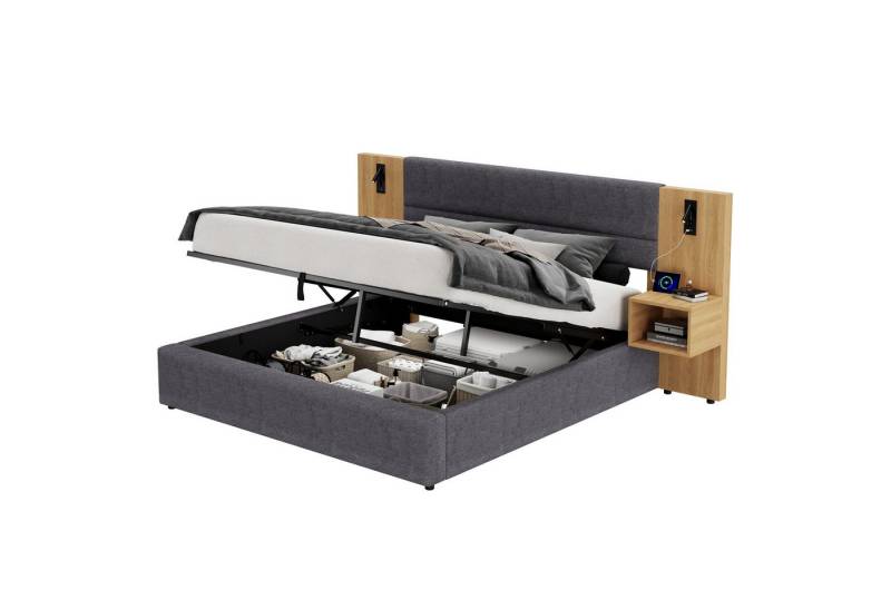 BlingBin Polsterbett Doppelbett, Hydraulisches Stauraumbett, mit Beleuchtung (1er Set, 1-tlg., 160 x 200 cm, inklusive zwei Nachttischen mit Stauraum), hydraulisches Breidohr Bett mit USB-Anschluss, Holzlattenrost, Samt von BlingBin