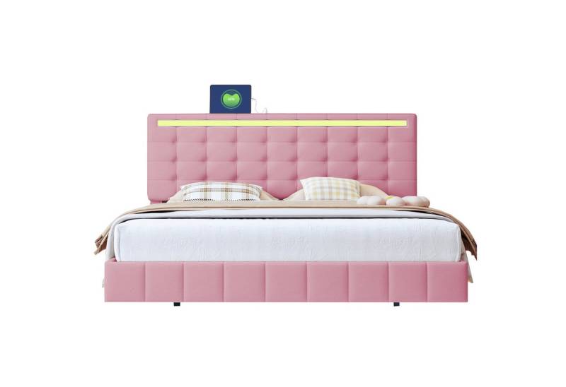 BlingBin Polsterbett Doppelbett, Schwebebettrahmen (1er Set, 1-tlg., mit LED-Leuchten und Kopfteildesign), Flächiges Doppelbett-Gästebett in hautfreundlichem Leinen Rosa von BlingBin