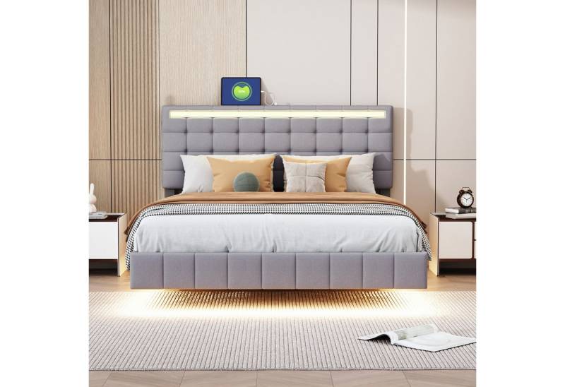 BlingBin Polsterbett Doppelbett, Schwimmendes Bettgestell (1er Set, 1-tlg., mit LED-Leuchten und Kopfteildesign), 140 x 200 cm Doppelbett-Gästebett in hautfreundlichem Leinen Grau von BlingBin