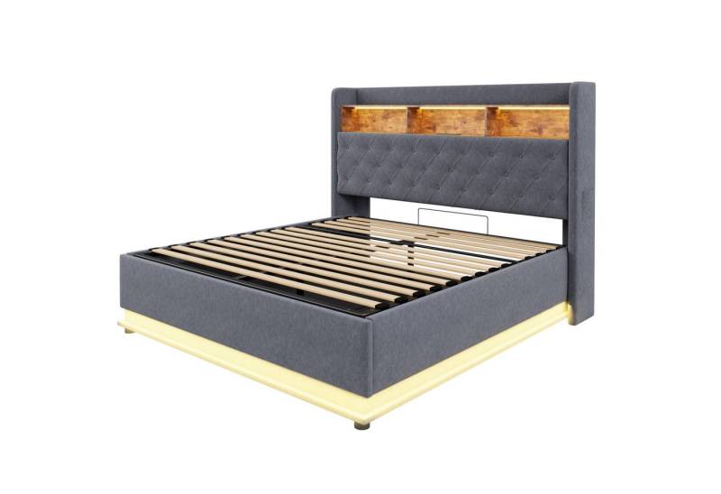 BlingBin Polsterbett Doppelbett, Stauraumbett mit USB-Ladeanschluss (1er Set, 1-tlg., LED-Polsterbett 160 x 200 cm), Funktionsbett mit hydraulischem Stauraum, hautfreundlicher Leinenstoff von BlingBin