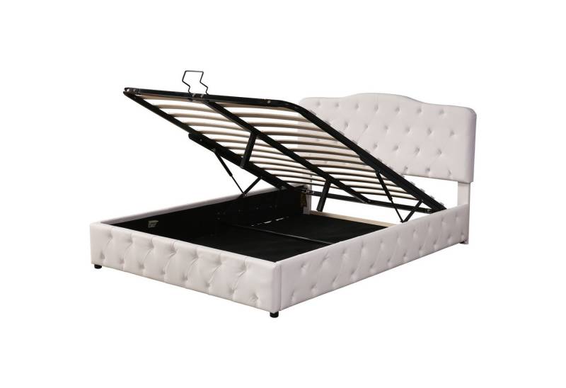 BlingBin Polsterbett Doppelbett, hydraulisches Funktionsbett, Jugendbett (1er Set, 1-tlg., mit höhenverstellbares Kopfteil), Lychee-Muster, Synthetisches Leder, 140 x 200, Weiß von BlingBin