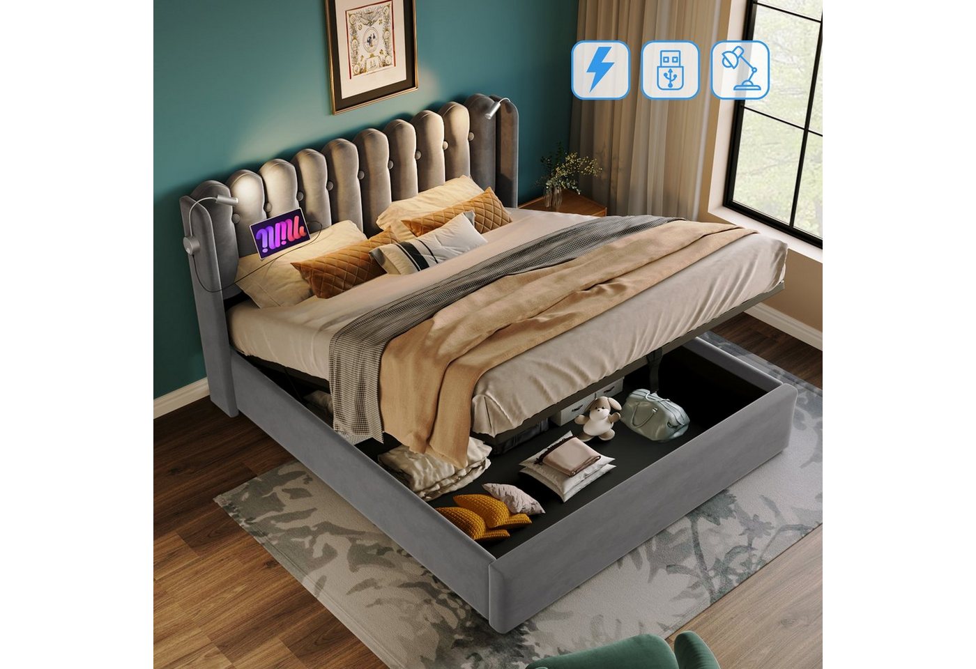 BlingBin Polsterbett Doppelbett (1-tlg., Ladefunktion und Bettkasten, mit Leselicht 160 ×200CM), 2 USB-Ladeanschlüsse, lattenrost, Ohne Matratze von BlingBin
