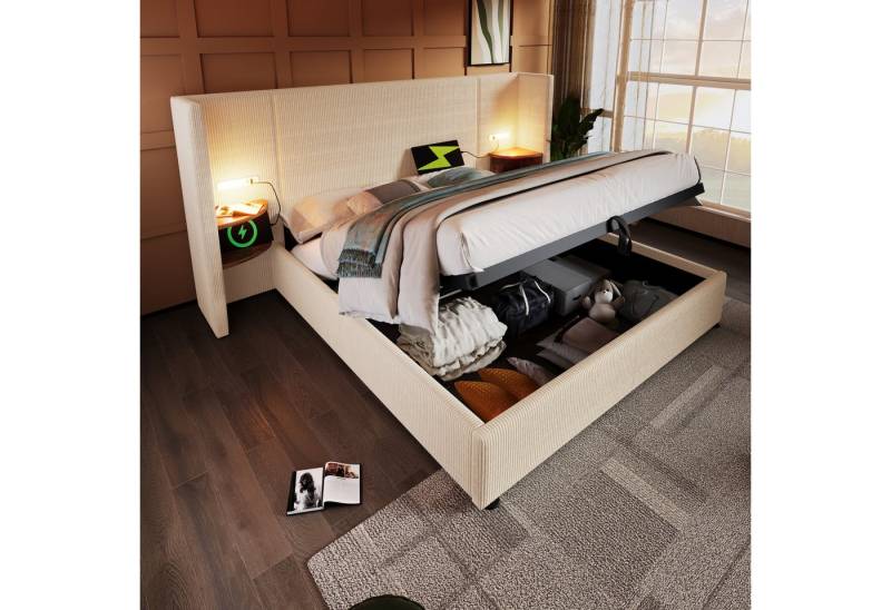 BlingBin Polsterbett Doppelbett (1-tlg., Stauraumbett 160×200 mit Lattenrost aus Massivholz und Metall), mit Nachttisch, Leselampe und USB Type-C Ladefunktion von BlingBin